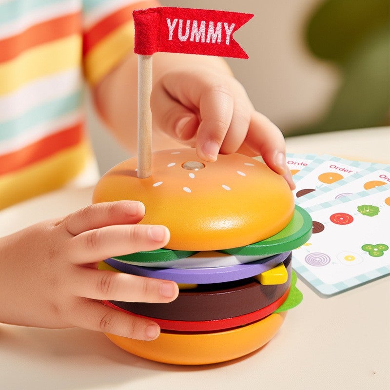Wooden Burger Fries Sandwich Set Column Building Blocks Creative Shape Matching Simulation Kitchen Cutting Toys - Image 4